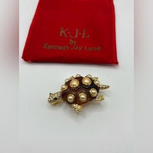 Kenneth Jay Lane Gold and Brown Turtle Brooch with Pearl Accents